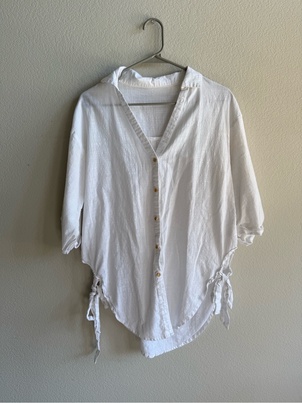 White Tie-Side Button Front Top/Cover Up